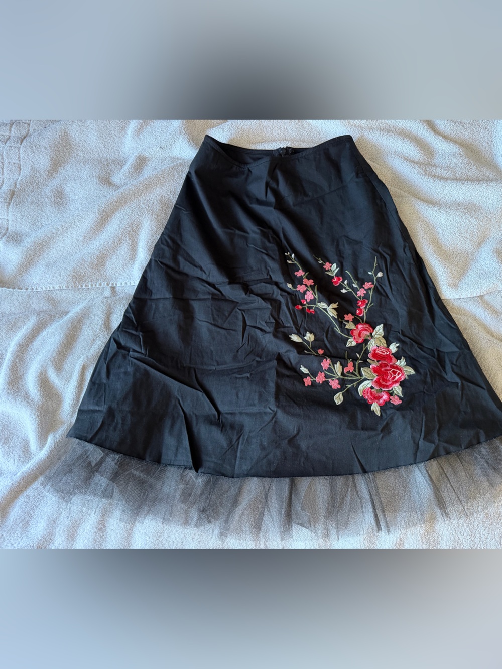 Embroidered Floral Black A-Line Skirt with Tulle Trim